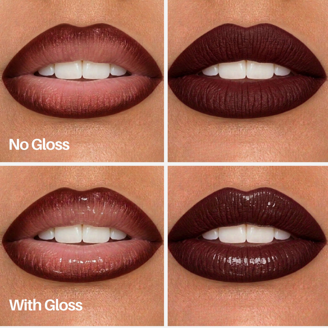 Lips wearing the Sweenly Lip Pen, with and without gloss