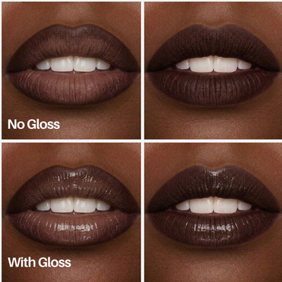 Mocha Lip Pen — lips with and without gloss on deeper skin