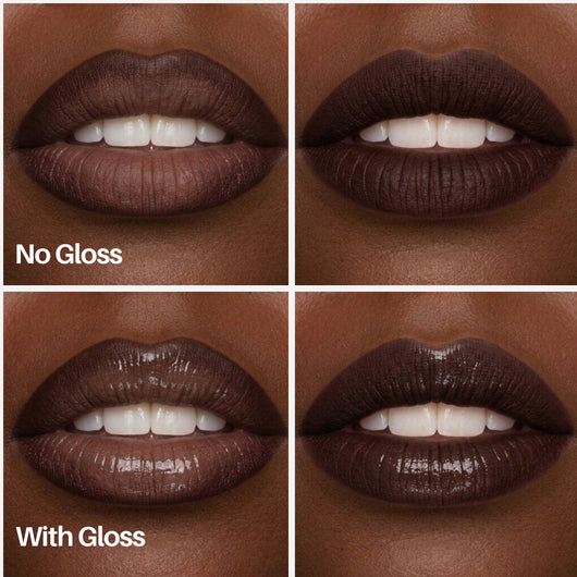 Mocha Lip Pen — lips with and without gloss on deeper skin